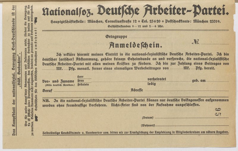 Anmeldeschein für eine Mitgliedschaft in der NSDAP, Februar 1924