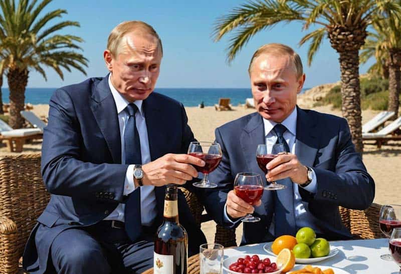 Twins who look like Vladimir Putin are drinking Sangria by the sea (AI)